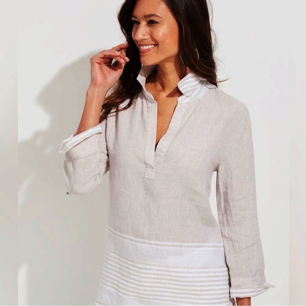 Vineyard Vines Lucaya Linen Tunic Top Size Large Pebble Gray Stripe